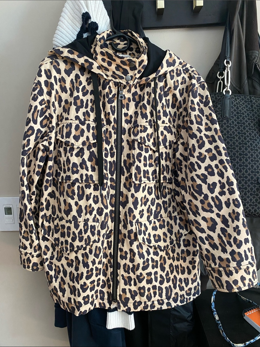 Alice + Olivia Leopard-Print Hooded Utility Jacket in Tan and Black